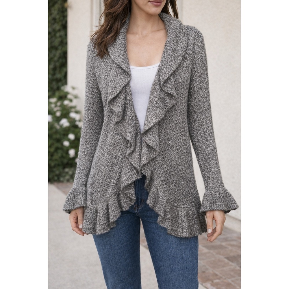 By Design Gray Marl Ruffle Trim Open Front Cardigan Bell Sleeve Sweater Large